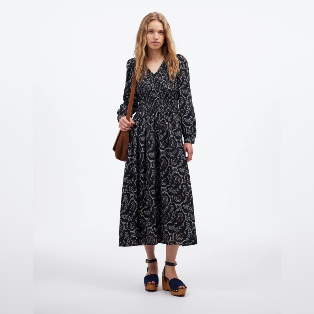 Madewell Navy Paisley V-Neck Long Sleeve Maxi Dress